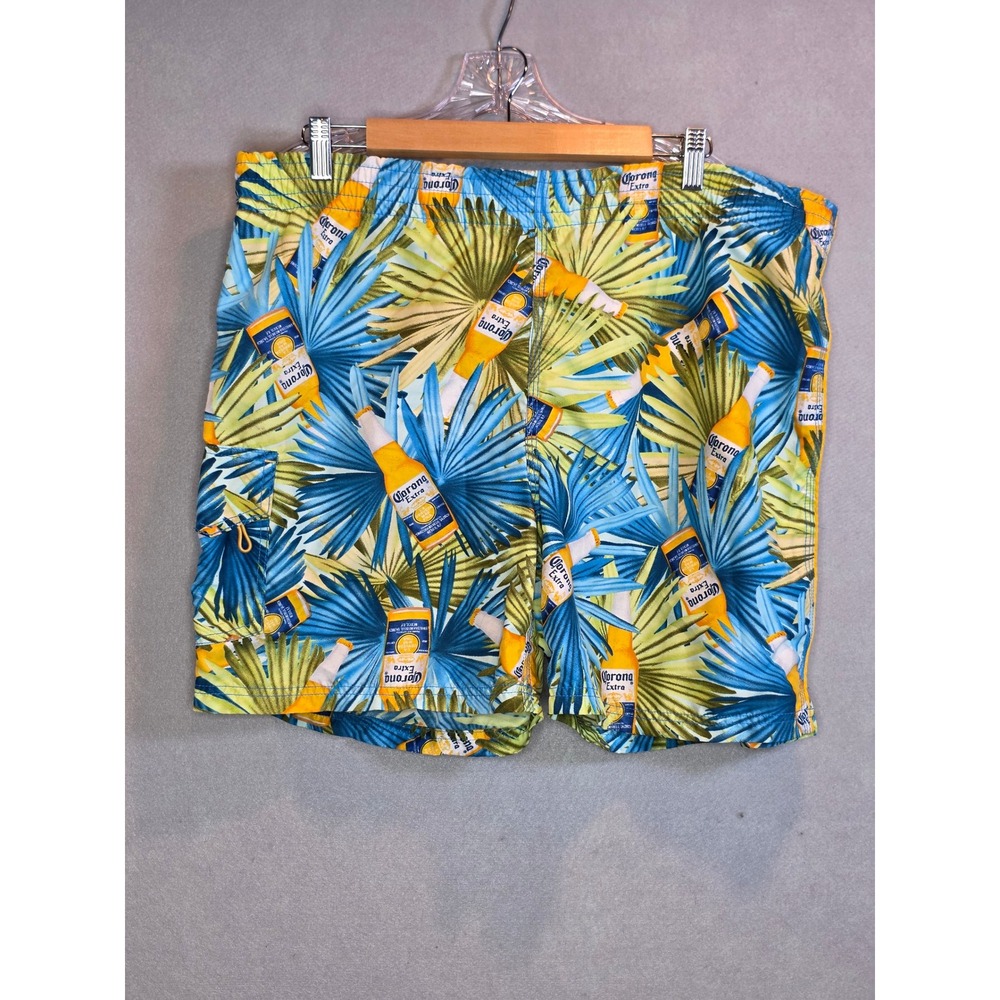 Corona Extra Mens Blue Tropical Palm Beer Bottle Print Swim Trunks Board Shorts